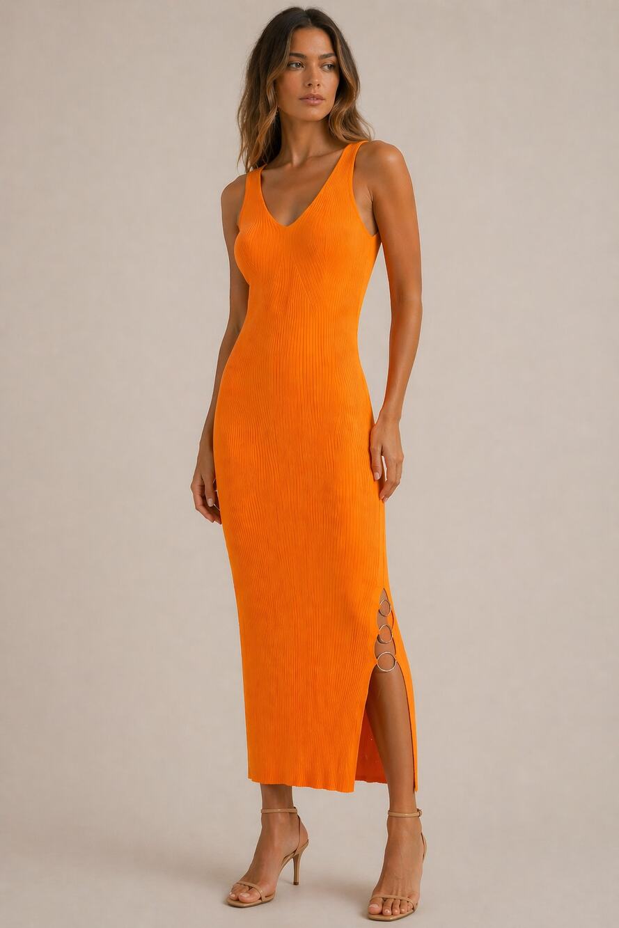 House of Harlow 1960 Vibrant Orange Ribbed Sleeveless Bodycon Midi Dress Small